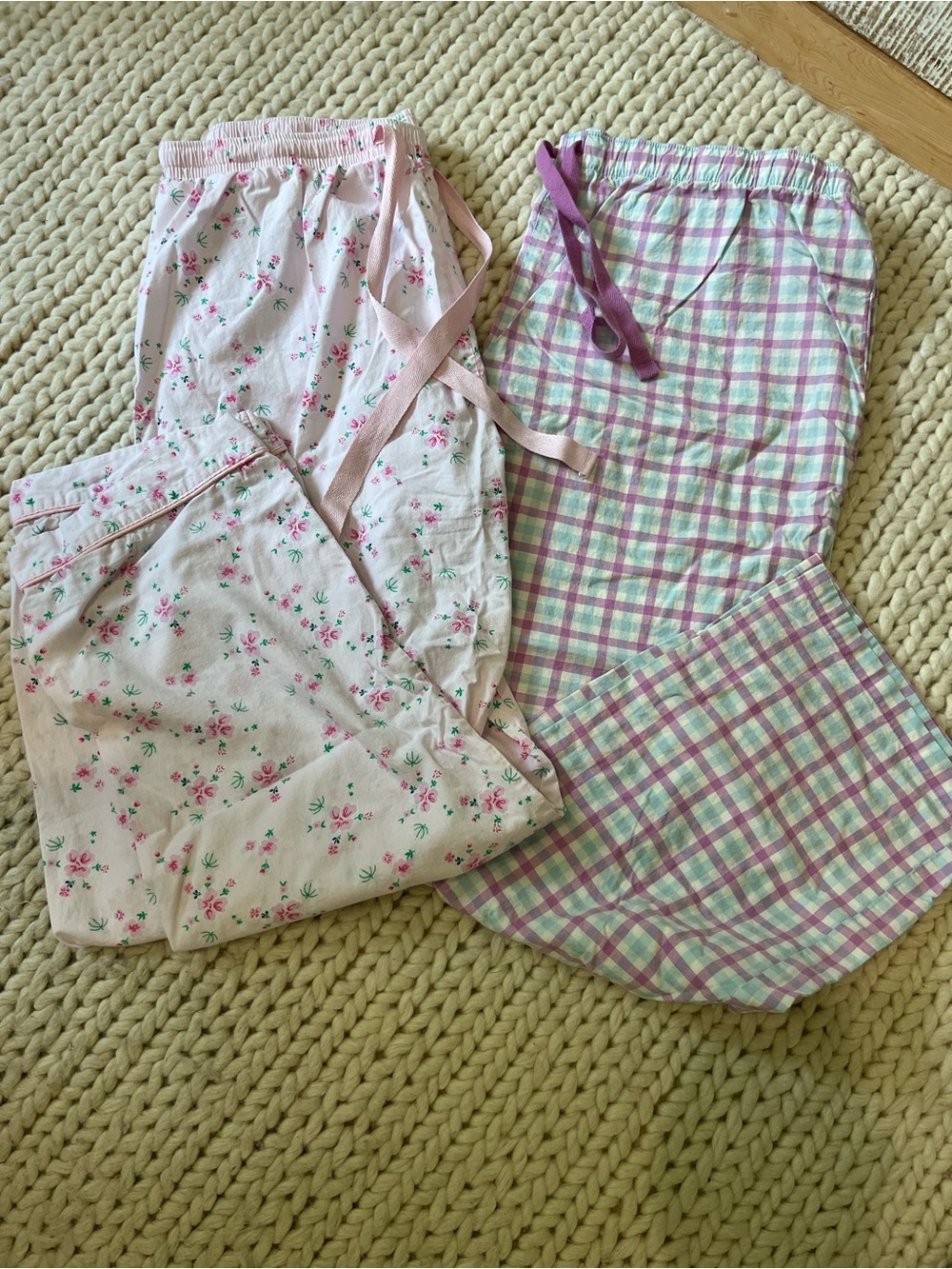 Women’s Set of 2 Pink Floral & Plaid Pajama Bottoms -Soft Cotton Lounge Pants XL